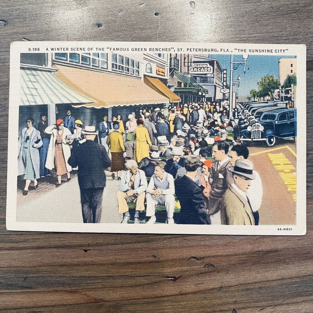 1920s Vintage Postcard Famous Green Benches People St Petersburg Florida FL